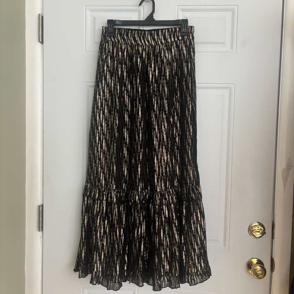 Zara Black/Gold Midi Skirt, Size XS